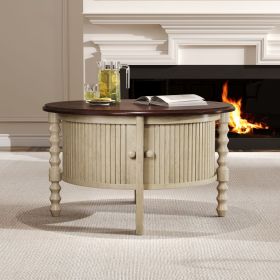 Vintage Round Coffee Table with Storage in 30.3" for Living Room, Mid Century Modern Cocktail Table with Sliding Door
