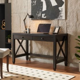 Home office desk writing table two drawers wooden knob handles finished on the back X brace leg frame
