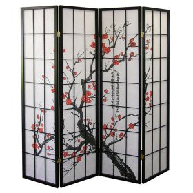 70" Tall 4-Panel Screen / Room Divider, Plum Blossom Design with Black finish