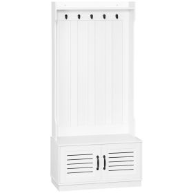 HOMCOM Modern Hall Tree, Entryway Coat Rack with Shoe Bench, 5 Hooks, Storage Shelf and Slatted Door Cabinet for Hallway, White
