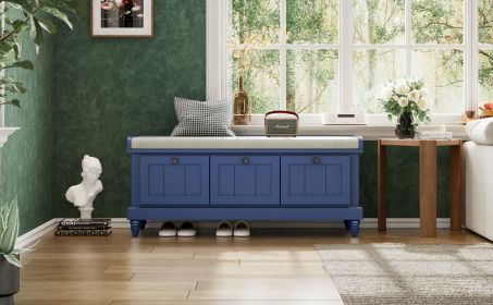 TREXM Classic Shoe Bench with Cushion and Three Drawers, Fluted Entryway Bench with Storage for Living Room, Entryway, and Hallways (Navy Blue)