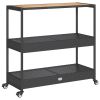 Bar Cart 3-Tier Black Poly Rattan and Solid Wood Acacia