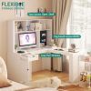 L Shaped Desk with outlet, Computer Desk with Drawers, Bookshelf & Hutch, Modern Corner Desk, Home Office Desk,L-Shaped Study Table Writing Desk