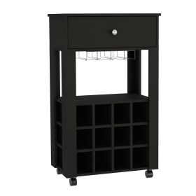 Margh Bar Cart, Twelve Built-in Wine Rack, Drawer (Color: Black)