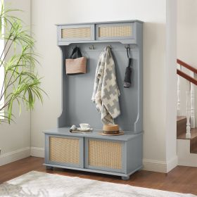 Clothes hanger Hall Tree Storage Bench Shoe Rack for Entryway, Hall Tree with Bench and Shoe Storage, Hall Tree Entryway Bench with Rattan Door White (Color: Gray, Material: MDF)