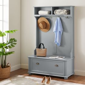 Modern Classic Hall Tree with Shoe Rack Bench and Coat Hooks for Hanging Storage (Color: Gray, Material: MDF)