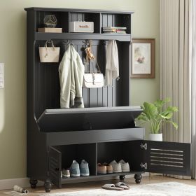 U-Can 5-in-1 Entryway Bench with Shutter-shaped doors, Coat Rack, Cushion and 4 Sturdy Hooks, 47.2'' Wide Hall Tree with Storage Bench for Hallway (Color: as Pic)