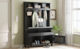 U-Can 5-in-1 Entryway Bench with Shutter-shaped doors, Coat Rack, Cushion and 4 Sturdy Hooks, 47.2'' Wide Hall Tree with Storage Bench for Hallway